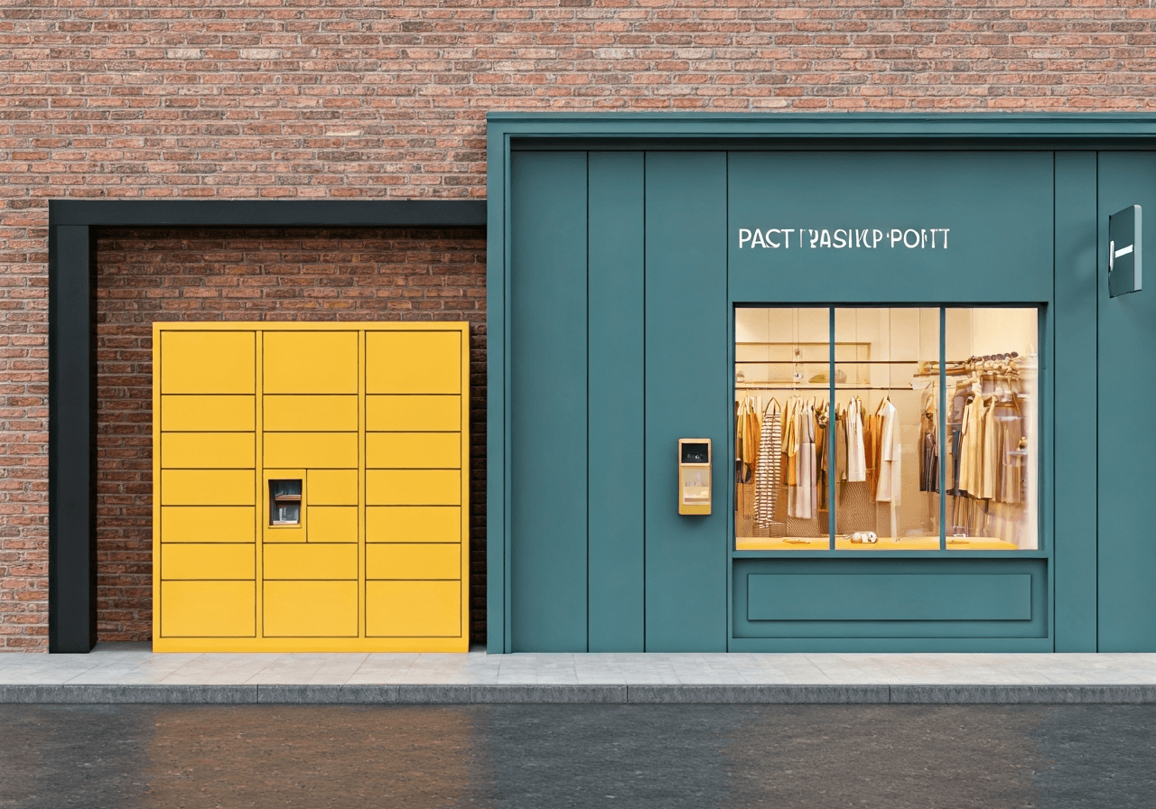 Modern automated parcel locker and a cozy retail pickup point storefront side by side, clean urban environment, soft natural daylight, high-end editorial photography, 85mm lens, sharp focus, no text, no words.