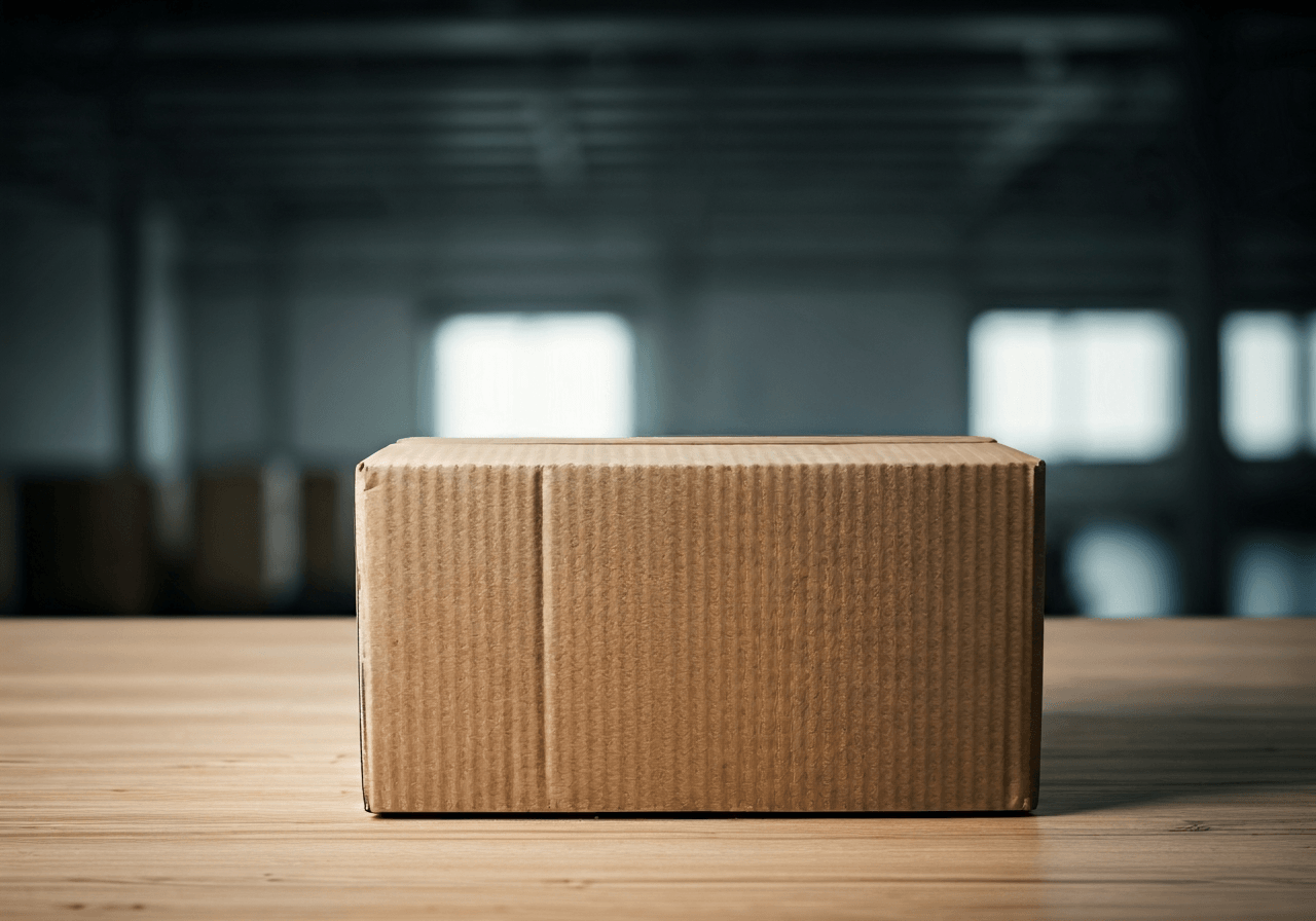 A professional, neatly packaged cardboard parcel resting on a clean wooden surface, modern logistics center environment, soft natural light, editorial photography, 85mm lens, high quality, no text, no letters