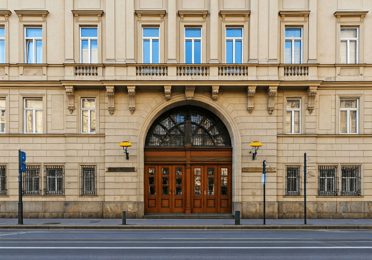 Exterior view of a historic post office building on Letenské náměstí in Prague, classic architecture, clean street surroundings, editorial photography, soft natural daylight, 85mm lens, sharp focus, no text, no words, no letters