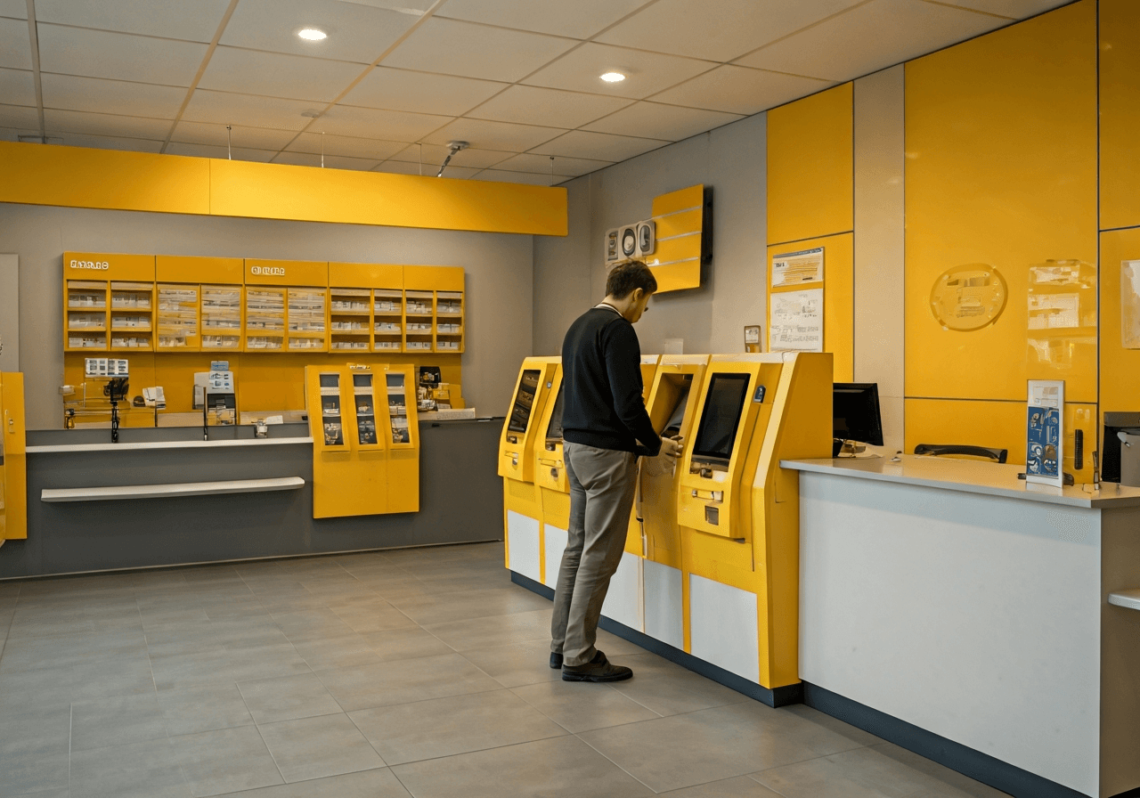 A clean, modern interior of a Czech post office branch, a customer using a self-service kiosk, professional service counter in the background, bright soft natural light, editorial photography, 85mm lens, high quality, no text, no words, no letters