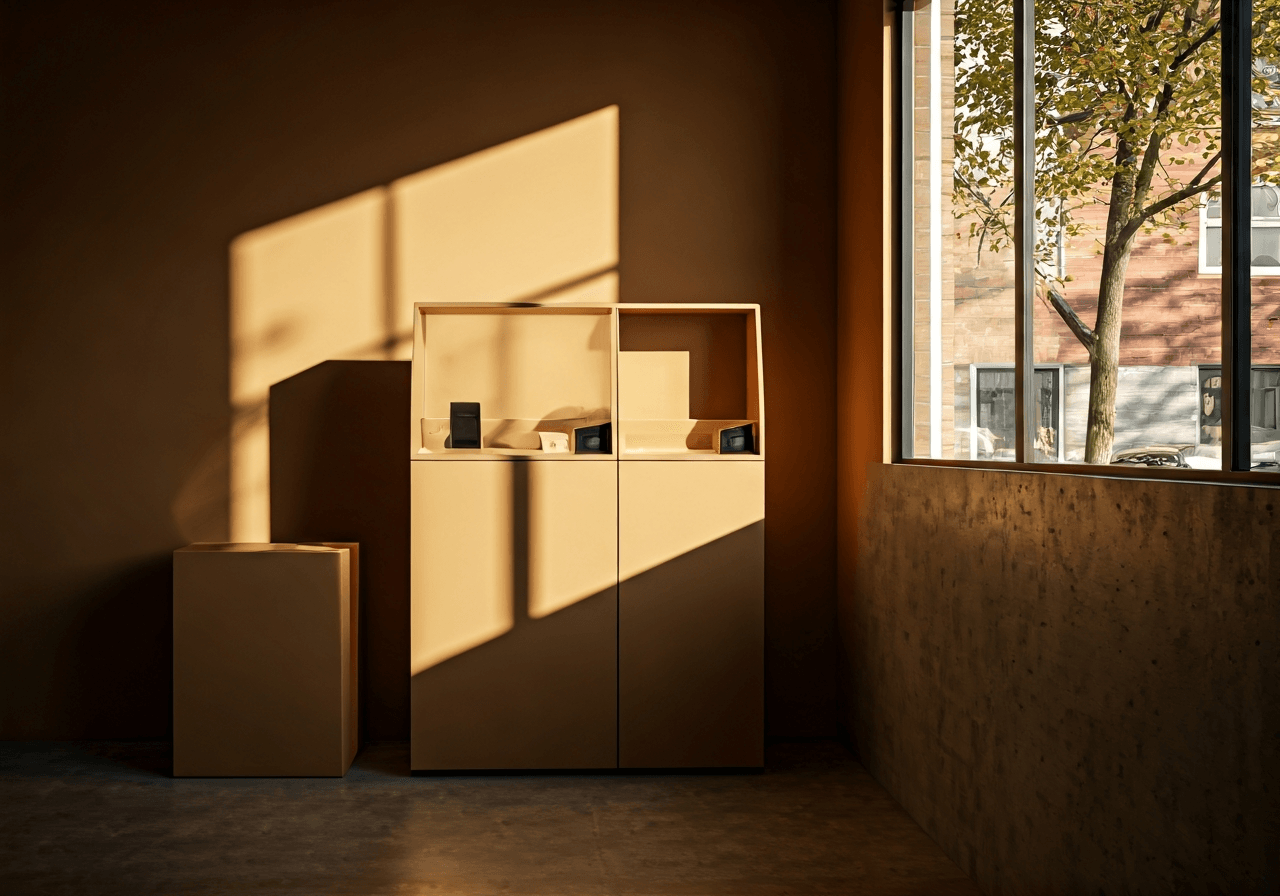 A modern, minimalist parcel pick-up station in a neighborhood retail space, warm afternoon sunlight streaming through the window, editorial photography style, clean composition, 85mm lens, high resolution, no text, no words