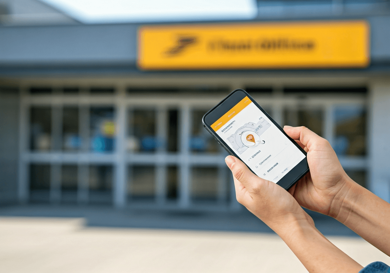 A person holding a smartphone showing a tracking app, standing near a modern post office entrance, blurred outdoor environment, editorial photography, bright natural lighting, 85mm lens, high quality, no text, no letters