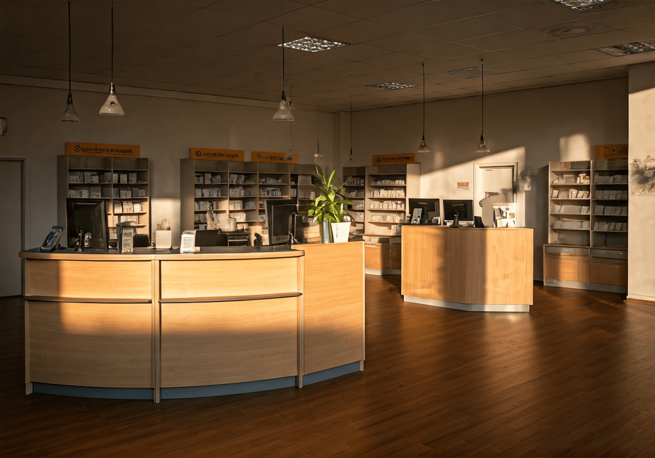 A professional, modern post office interior in Humpolec with clean wooden counters and organized parcel shelves, editorial photography style, soft natural morning light streaming through windows, 85mm lens, high resolution, minimalist aesthetic, no text, no words, no letters.
