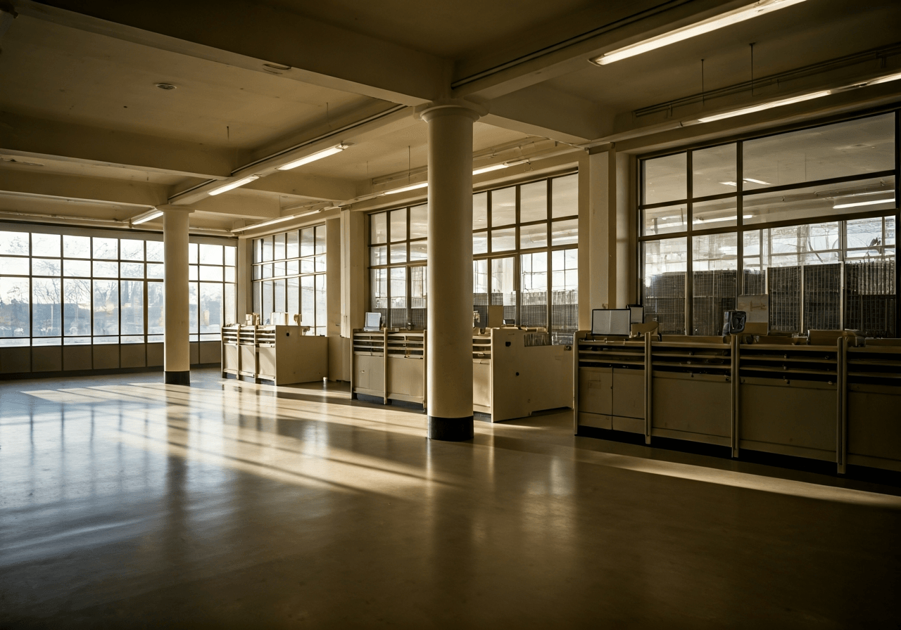 A wide-angle editorial shot of a clean, modern post office interior, warm sunlight entering through large windows, minimalist architecture, high-end photography, 85mm lens, no text, no words, no letters.