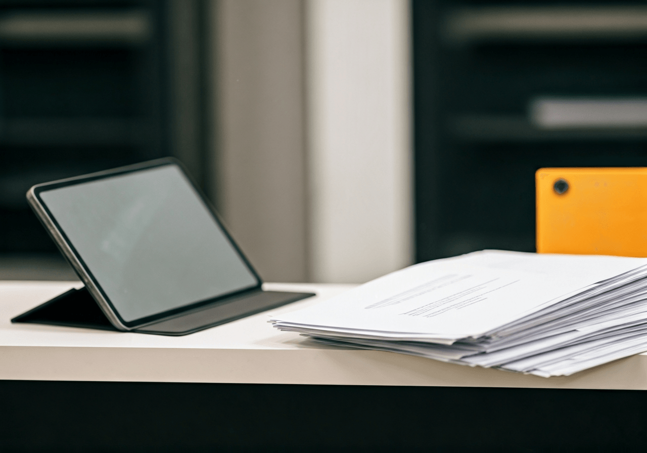 High-angle shot of a modern, organized postal service counter with a tablet and official documents, minimalist interior, professional aesthetic, soft natural light, 85mm lens, highly detailed, no text, no letters