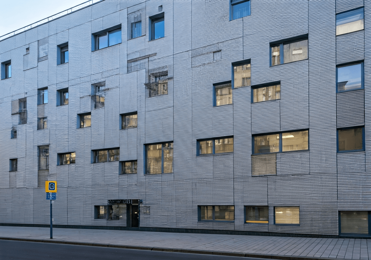 Exterior view of a modern Czech post office branch, clean urban architecture in Prague 5, soft natural morning light, editorial photography style, 85mm lens, high resolution, no text, no words, no letters.