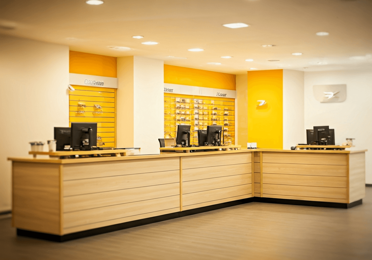 Modern interior of a professional postal branch in Prague, clean lines, ergonomic service desks, warm lighting, blurred background, editorial photography, 85mm lens, no text, no words, no letters