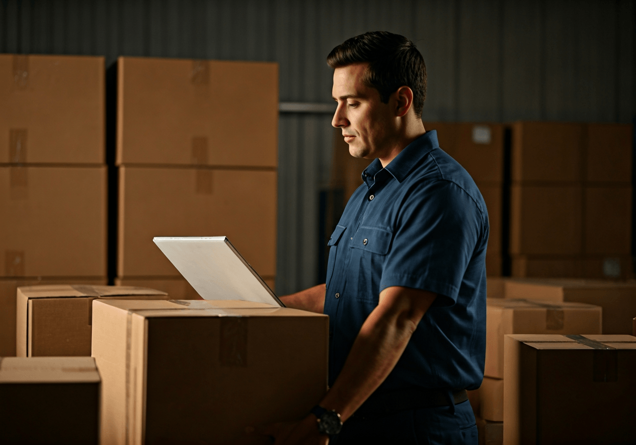 Balík na Kubu: Co odeslat snadno (Krok za krokem) 2 A professional logistics officer inspecting packages in a modern, organized customs facility, warm soft natural lighting, editorial photography style, high detail, 85mm lens, no text, no words, no letters