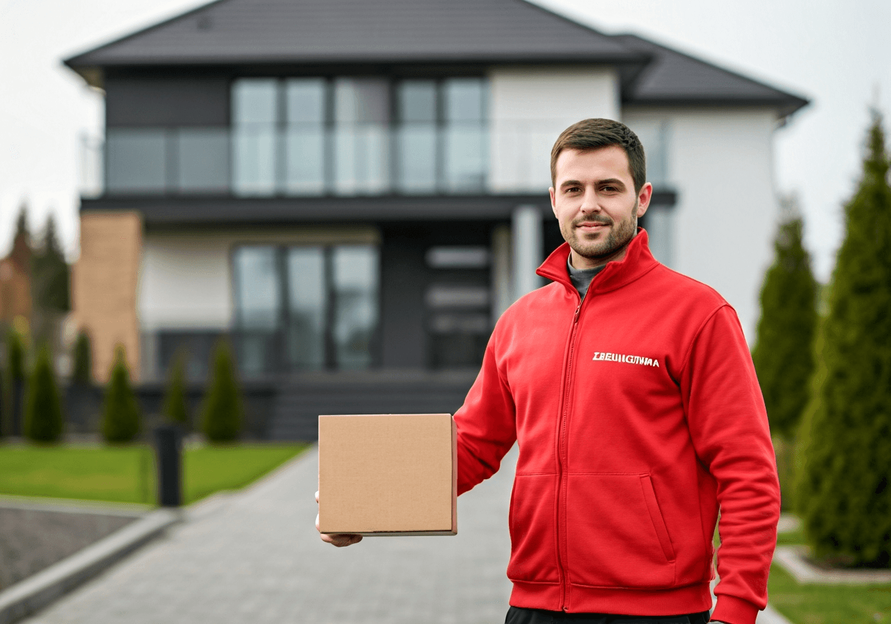 A professional courier in a bright red uniform with a Zasilkovna logo, standing in front of a modern suburban house, handing over a cardboard parcel, bright daylight, clean and premium editorial photography, 85mm lens, soft natural light, no text, no words, no letters.
