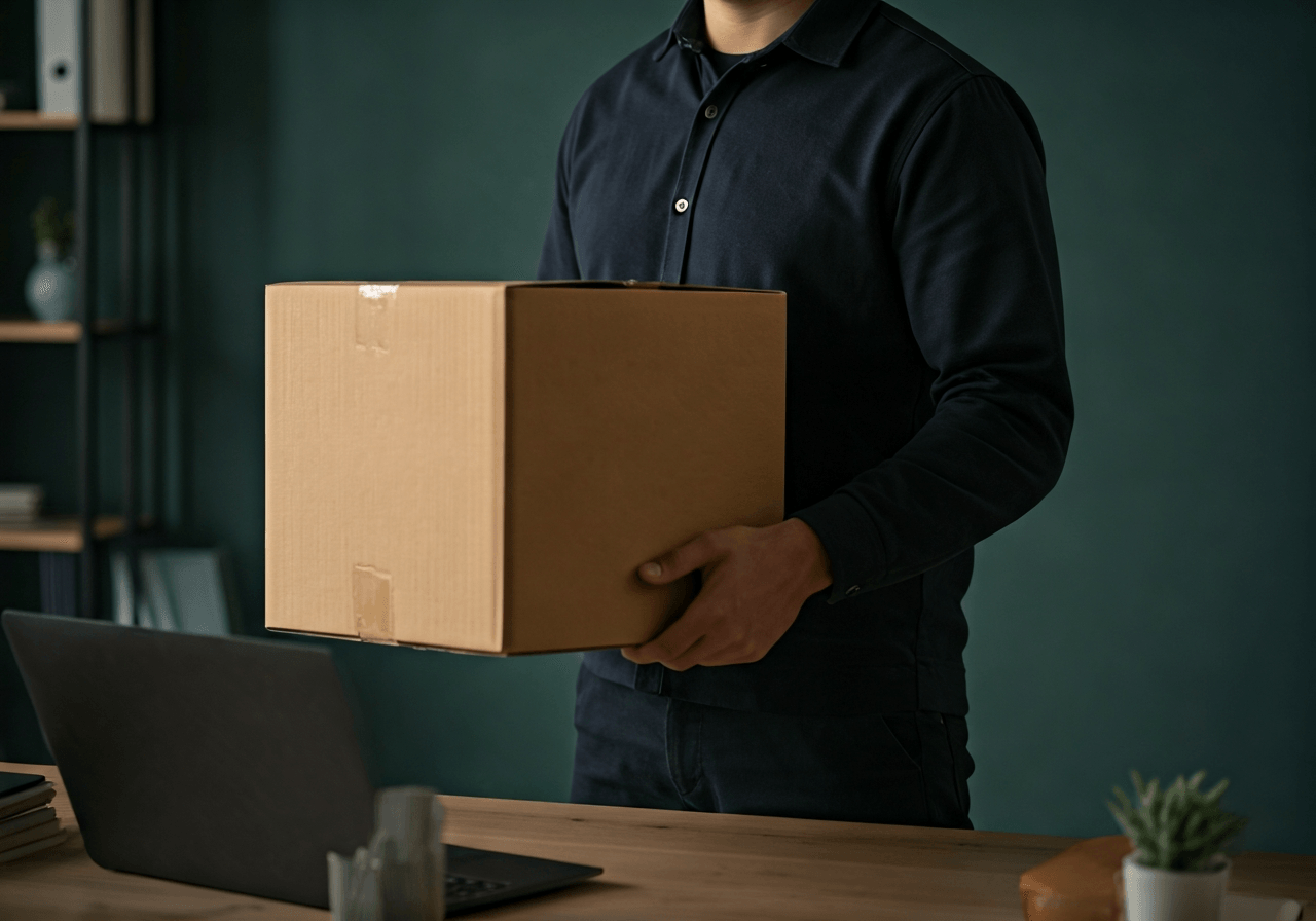A professional courier delivering a package to a modern bright office workspace, minimalist interior, editorial photography, soft natural light, 85mm lens, high quality, no text, no words