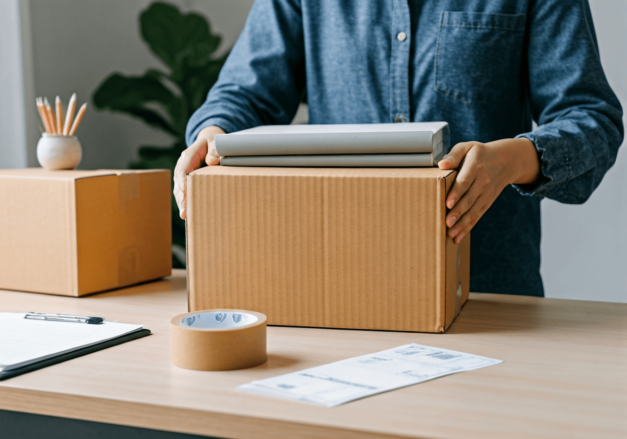 Editorial photography, a person carefully packing items into a cardboard box on a clean desk, with shipping labels and tape, soft natural light, 85mm lens, highly detailed, no text, no words, no letters