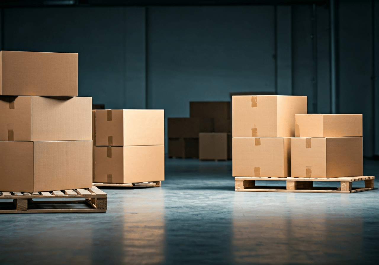 A professional logistics hub showing organized parcels being prepared for shipping, modern warehouse interior, clean lines, soft natural daylight, cinematic depth of field, 85mm lens, high-end editorial style, no text, no letters