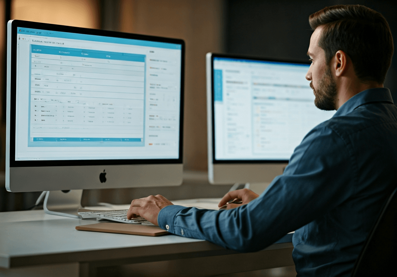 A professional logistics coordinator working on multiple monitors displaying real-time global shipment tracking dashboards, modern bright office environment, clean interface aesthetic, premium editorial photography, soft natural light, 85mm lens, high focus, no text, no words, no letters.
