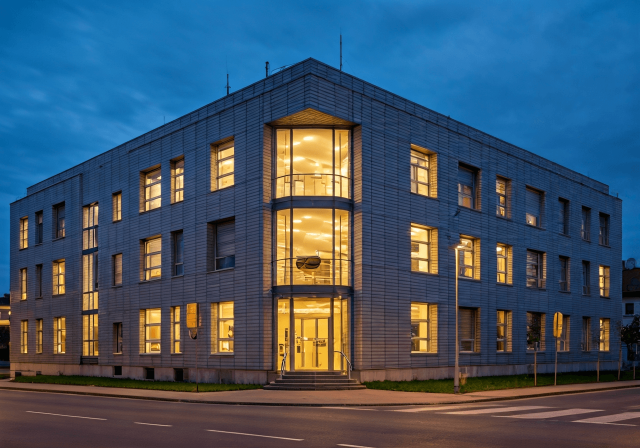 A professional exterior shot of a modern Czech post office building in Sokolov, clean architectural lines, soft natural daylight, cinematic atmosphere, 85mm lens, high resolution, no text, no letters
