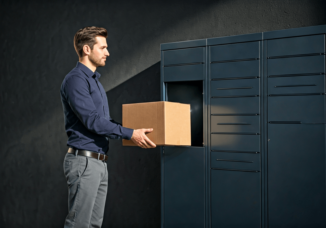 A professional courier placing a cardboard parcel into a modern, sleek PPL Parcelbox locker in a clean, sunny city environment, editorial photography, high-end, bright, soft natural lighting, 85mm lens, no text, no letters, no labels.