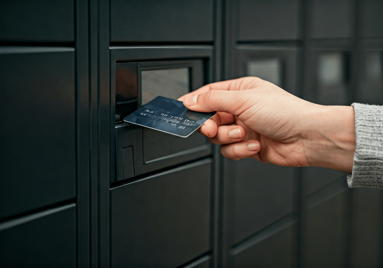 A close-up of a person using a credit card to pay at a modern, high-tech parcel locker terminal, clean urban background, editorial style photography, shallow depth of field, 85mm lens, high resolution, no text, no words, no letters.