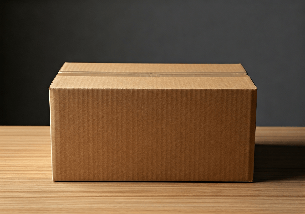 A high-quality shipping cardboard box being carefully sealed on a clean, modern wooden desk, professional packaging process, soft natural light, 85mm lens, depth of field, no text, no letters