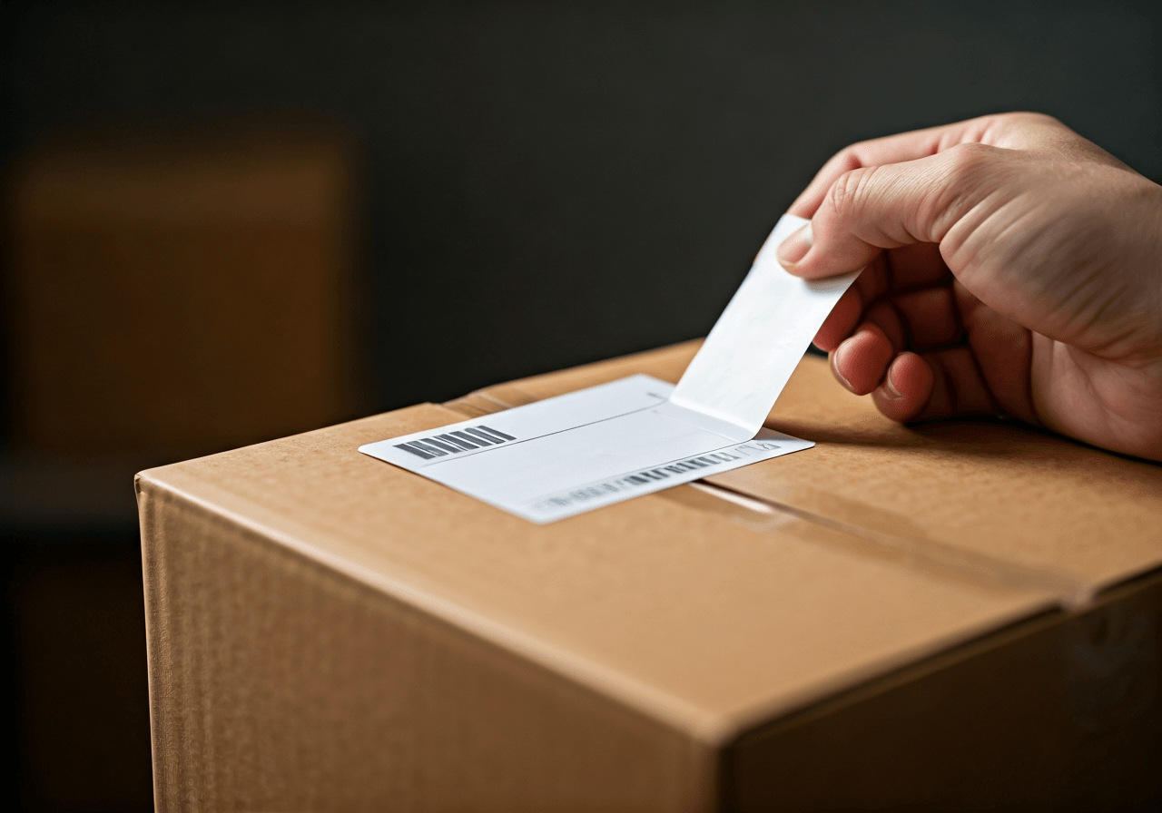A high-quality close-up of a professional parcel preparation, a clean logistics station with a clear shipping label being applied to a cardboard box, soft natural light, editorial photography style, 85mm lens, minimalist aesthetic, no text, no words, no letters.