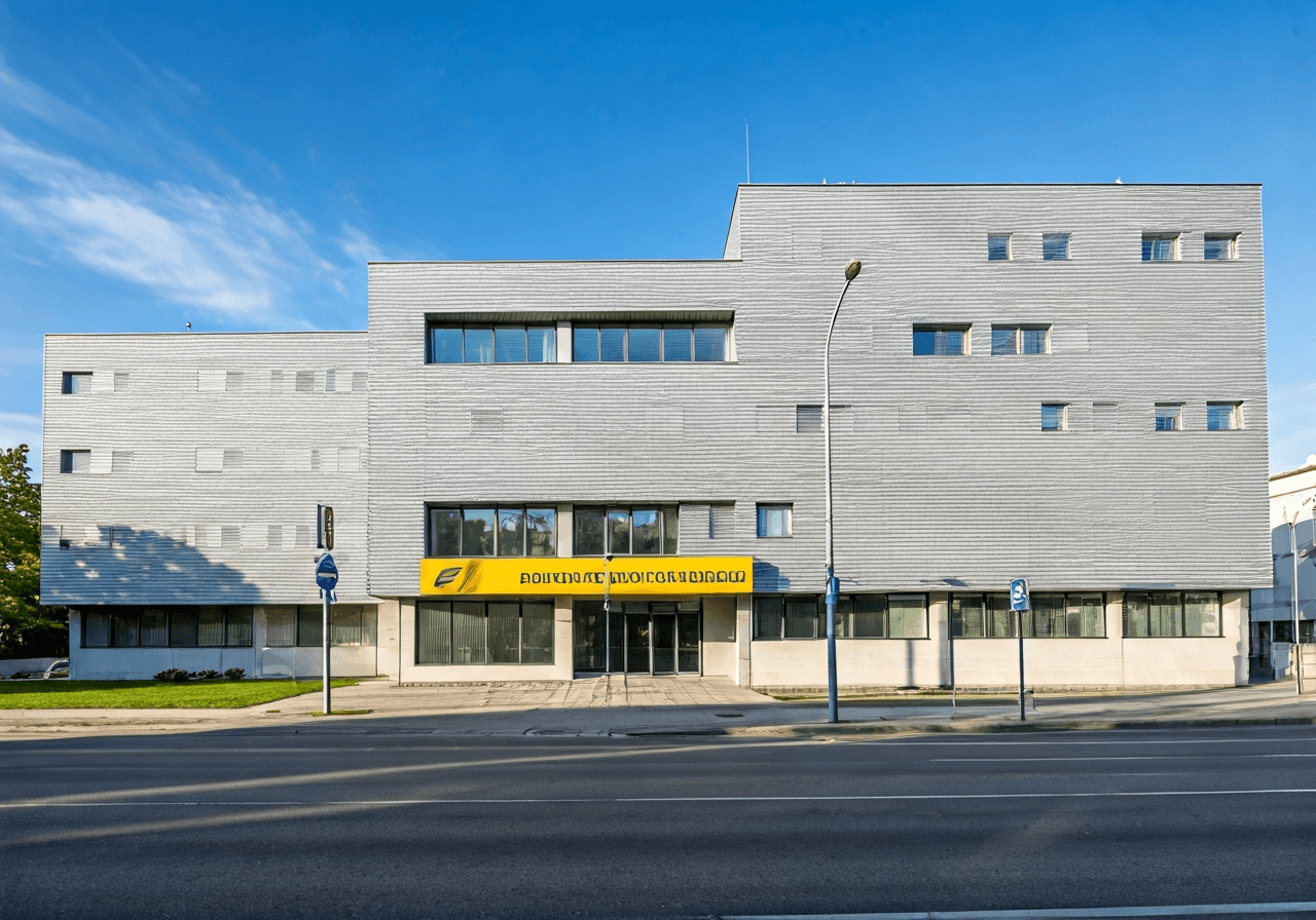 Exterior view of a modern post office building, clean architecture, daylight, street view in Hlinsko, editorial photography, 85mm lens, high detail, no text, no words, no letters