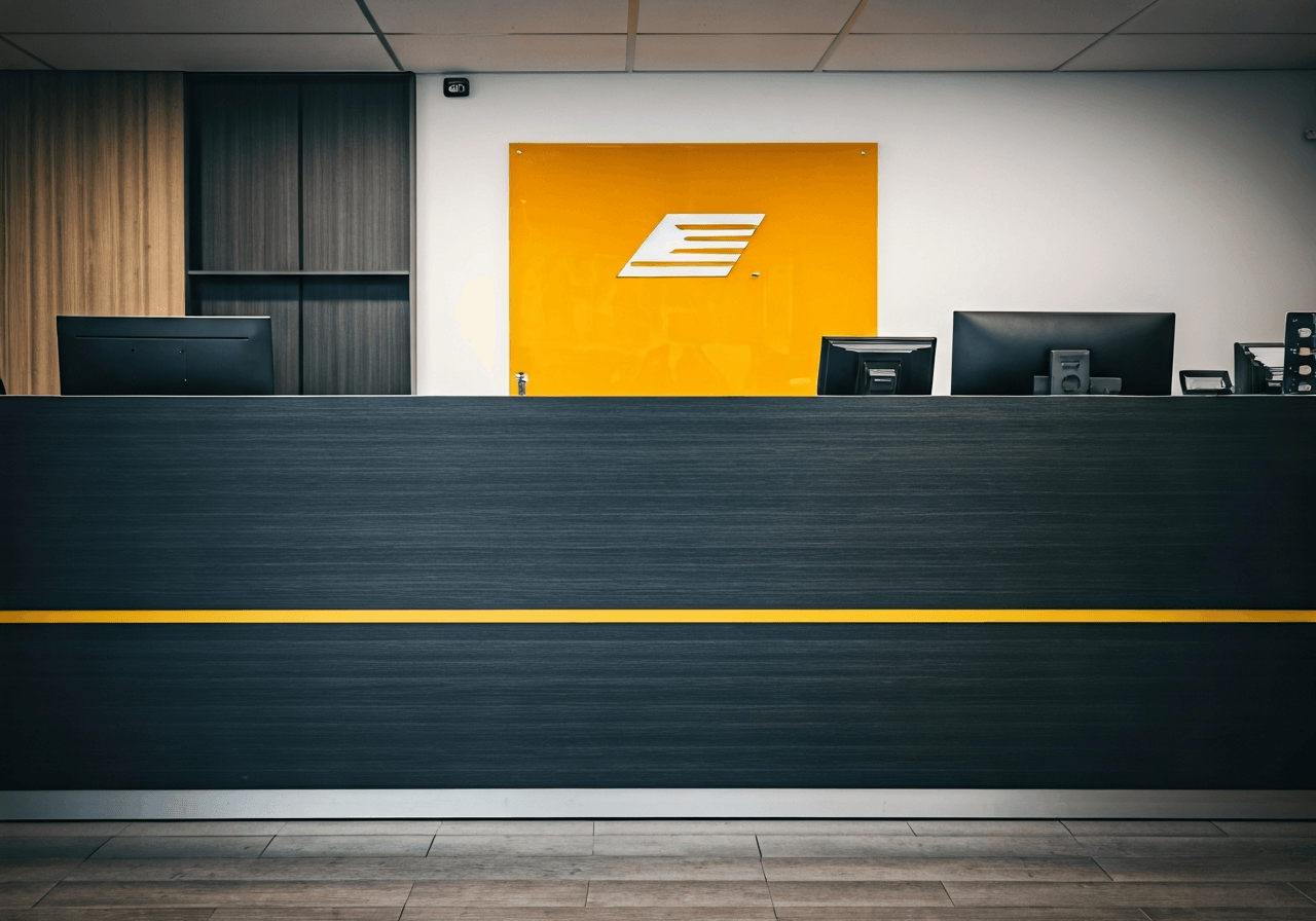 A professional, organized postal service counter with clean minimalist aesthetics, soft natural light, 85mm lens, high quality editorial photography, no text, no words, no letters