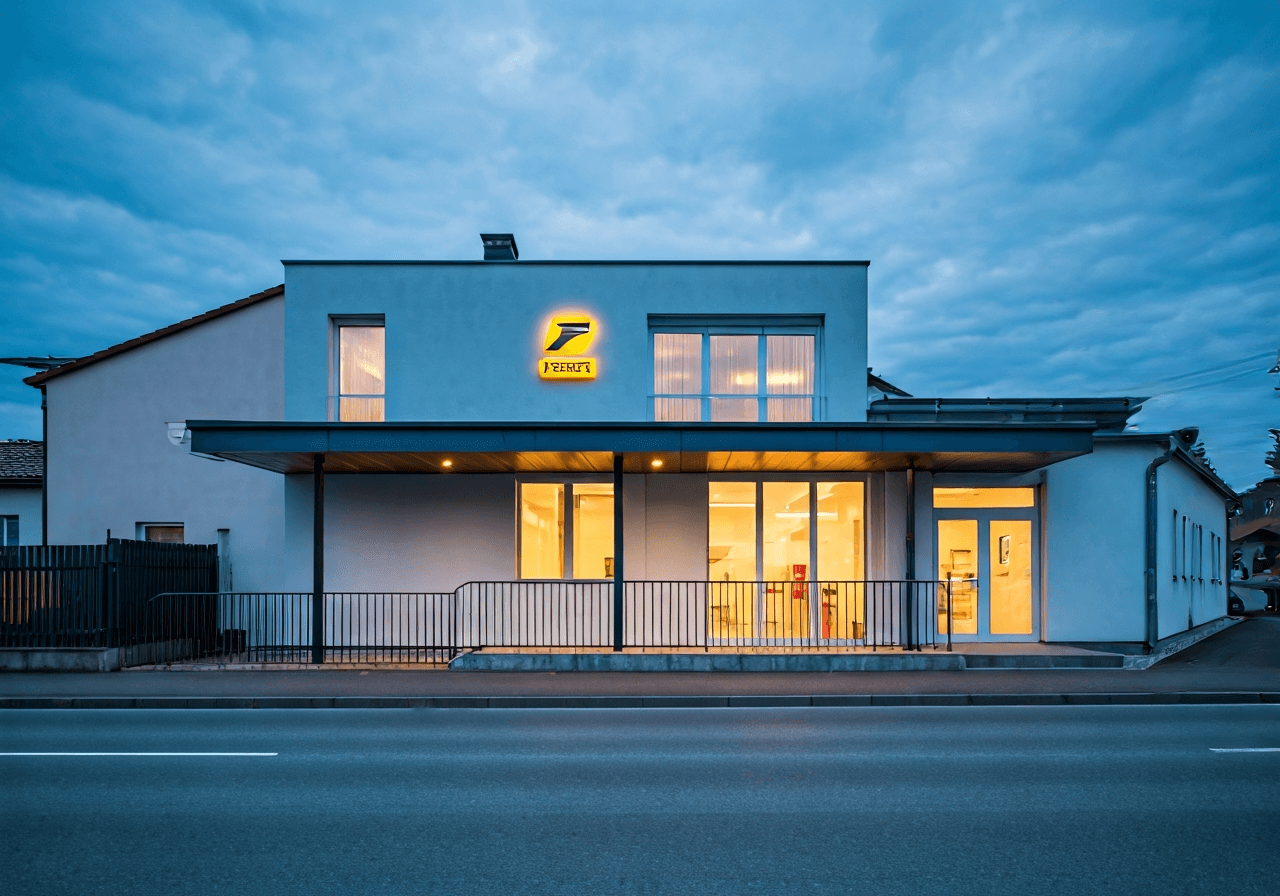 A professional, high-quality editorial shot of a modern Czech post office exterior with clear signage, located in a quiet village setting, soft natural light, 85mm lens, minimalist aesthetic, no text, no letters.