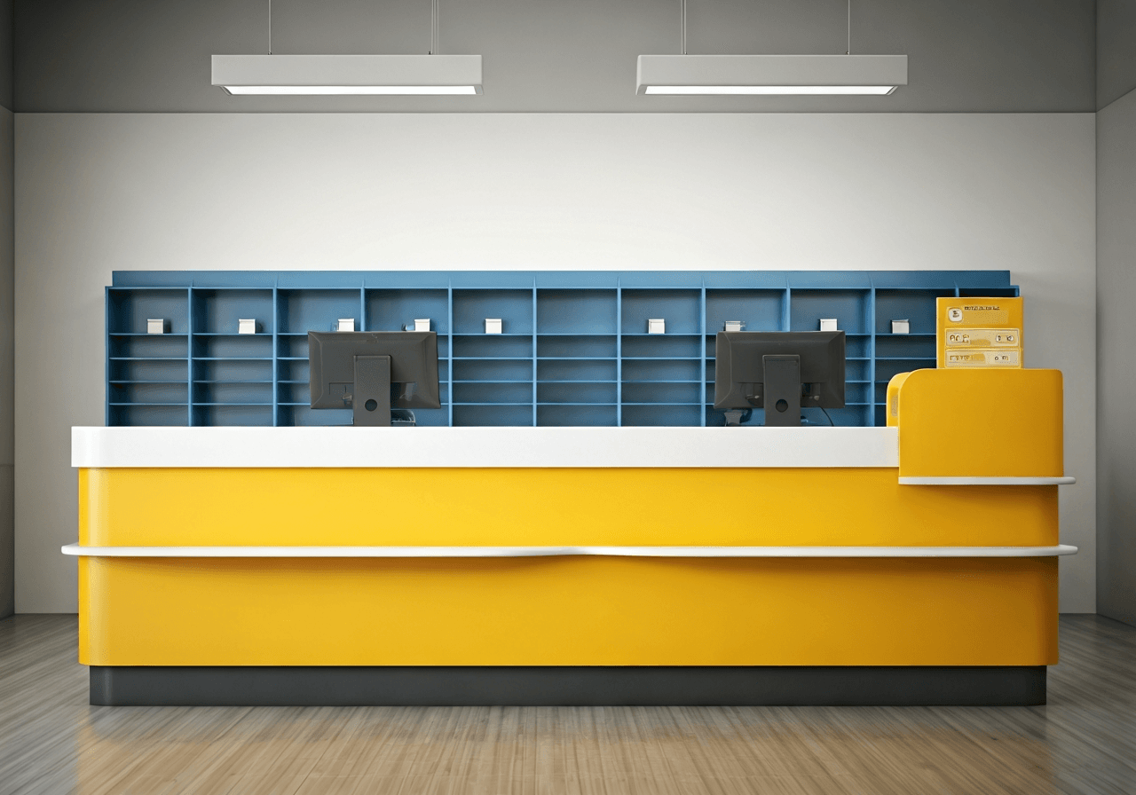 A high-quality, professional interior shot of a modern, clean post office counter, soft natural light streaming through windows, organized environment, editorial photography style, 85mm lens, no text, no words, no letters.