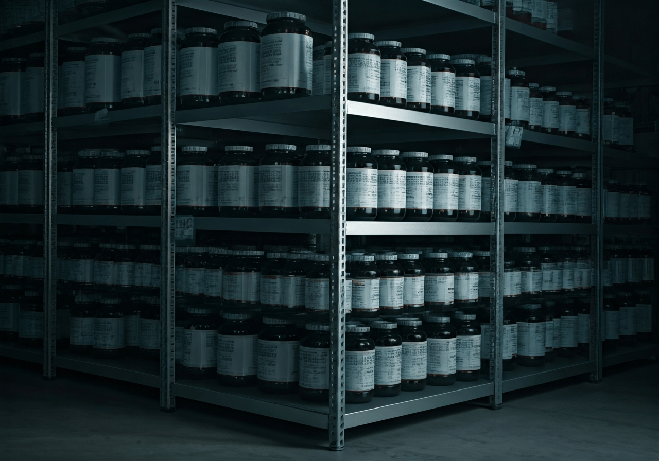 A professional logistics warehouse setting featuring organized shelves of premium health supplements, clinical environment, soft natural light, depth of field, 85mm lens, high-end editorial aesthetic, no text, no letters.