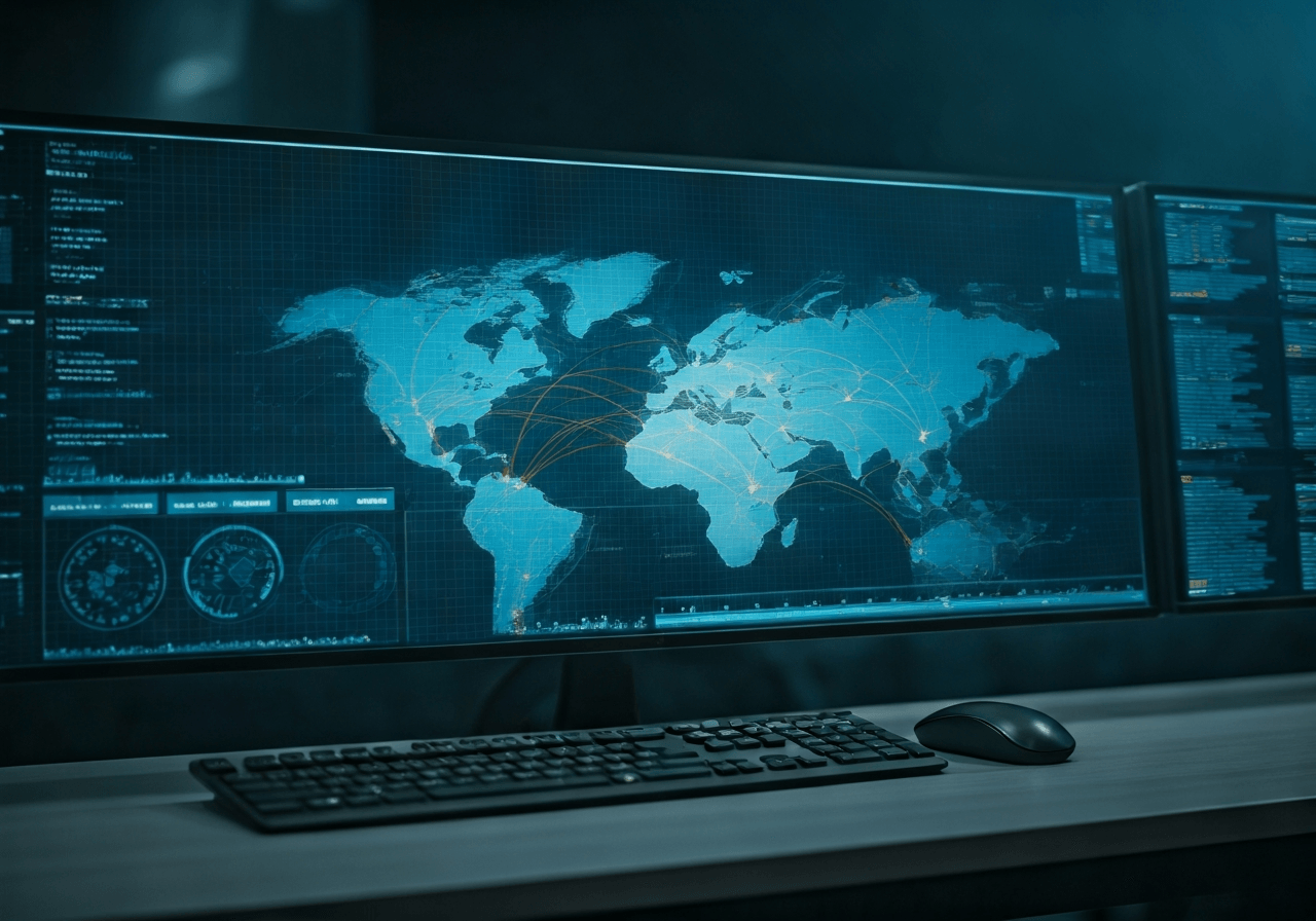 A high-tech logistics control center dashboard showing global shipment routes, modern clean workspace, soft blue and white ambient lighting, professional cinematic style, 85mm lens, high resolution, no text, no words, no letters