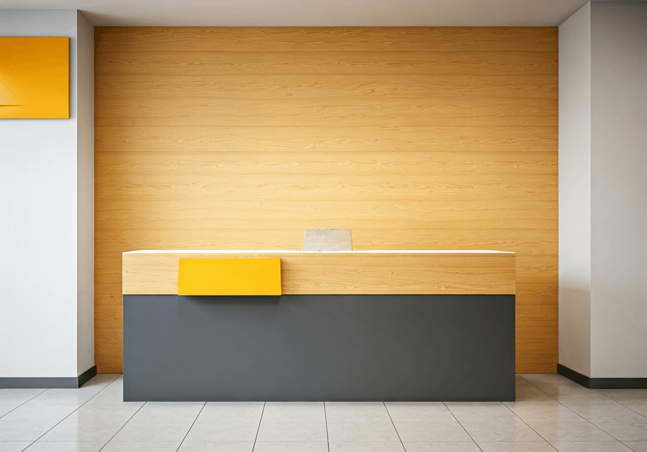 A professional, clean interior of a modern post office service desk with a warm, welcoming aesthetic, soft natural light, 85mm lens, high-quality editorial photography, no text, no letters.