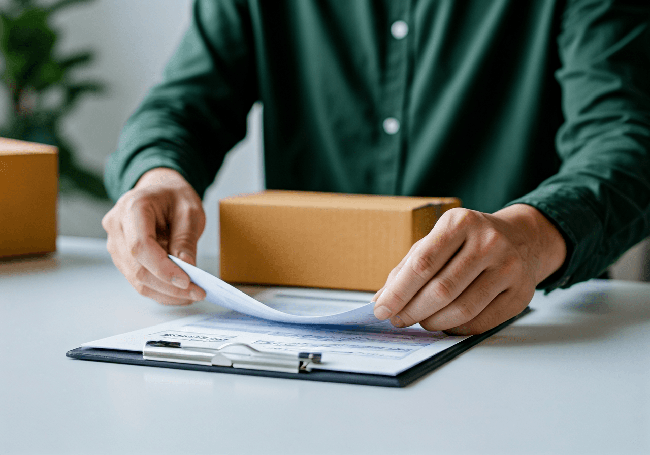 A professional hands preparing a parcel for international shipping, placing custom documents on a clean white desk, modern office environment, soft natural light, editorial photography, 85mm lens, high quality, no text, no words