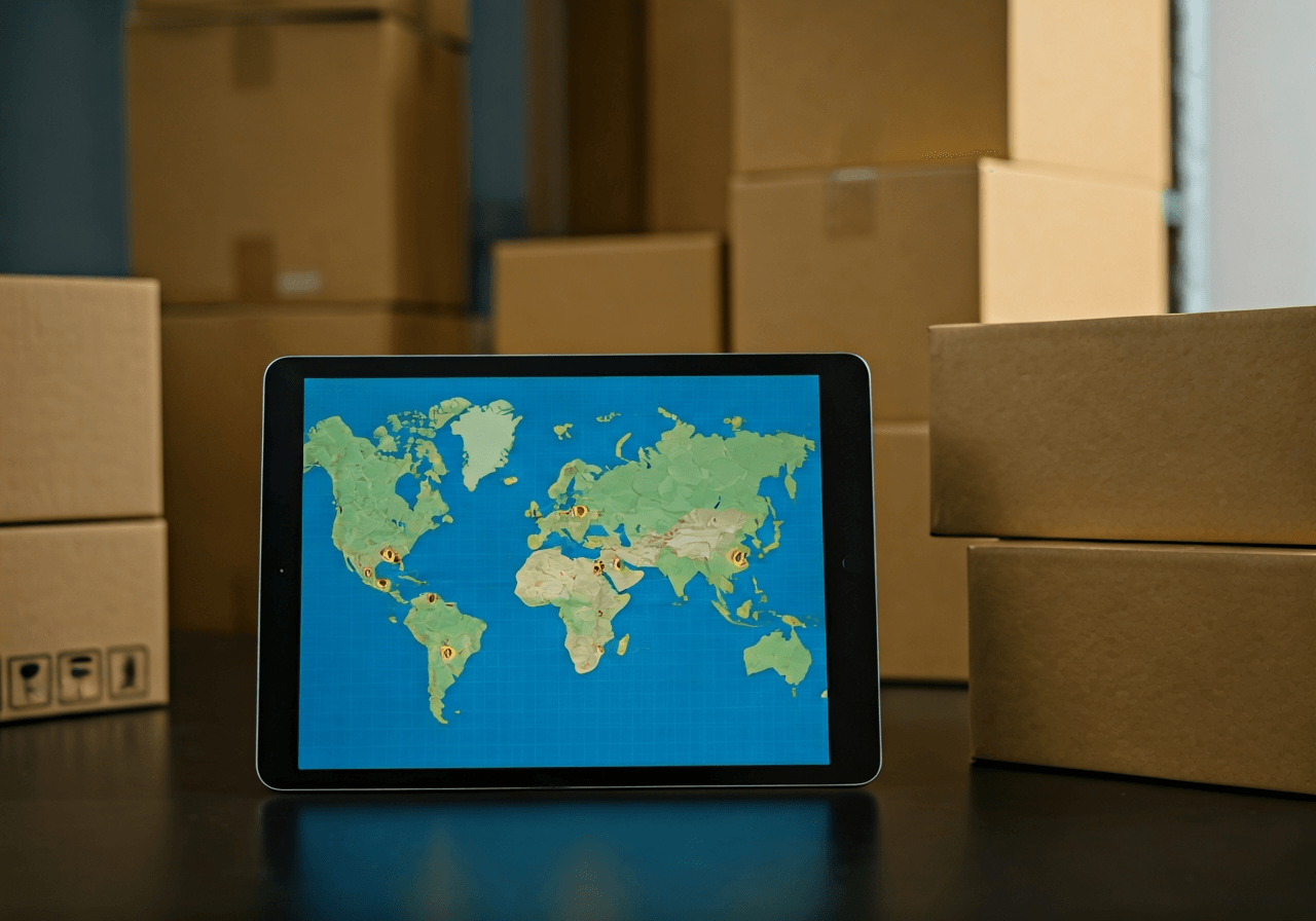 A high-end logistics scene showing a professional courier tablet displaying a global tracking map, modern shipping boxes stacked in a minimalist bright warehouse, editorial photography, soft natural light, 85mm lens, highly detailed, no text, no letters