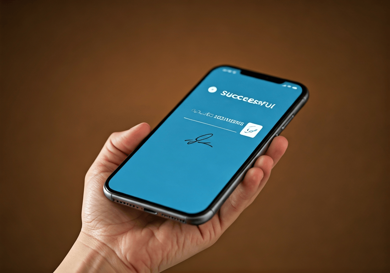A close-up shot of a smartphone screen displaying a successful delivery notification with a digital signature, clean modern logistics office background, editorial photography, soft natural light, 85mm lens, high quality, no text, no words, no letters.