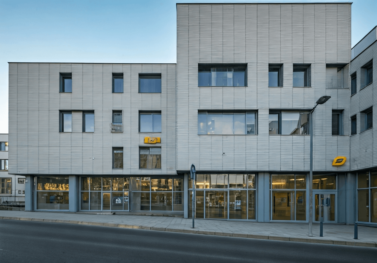 Exterior view of a modern Czech post office branch, clean architectural lines, daylight, cinematic quality, 85mm lens, no text, no letters