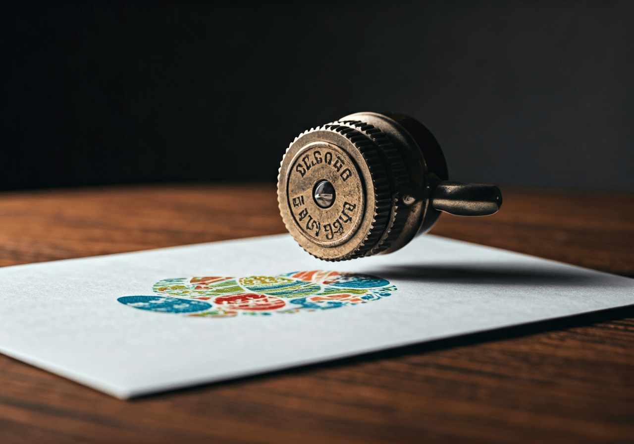 Macro photography of a vintage hand-operated postal stamp hitting a paper envelope with a detailed Easter egg motif, soft natural daylight, shallow depth of field, 85mm lens, high-end editorial aesthetic, no text, no words, no letters