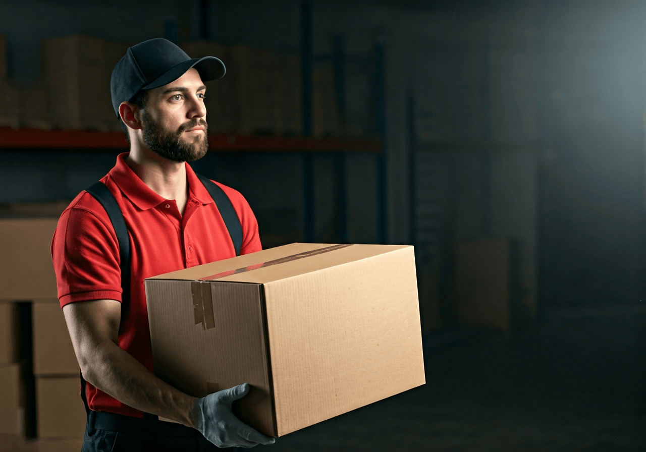 A professional courier delivering a heavy cardboard box, modern logistics warehouse background, clean minimalist aesthetic, soft cinematic lighting, 85mm lens, high resolution, no text, no letters.