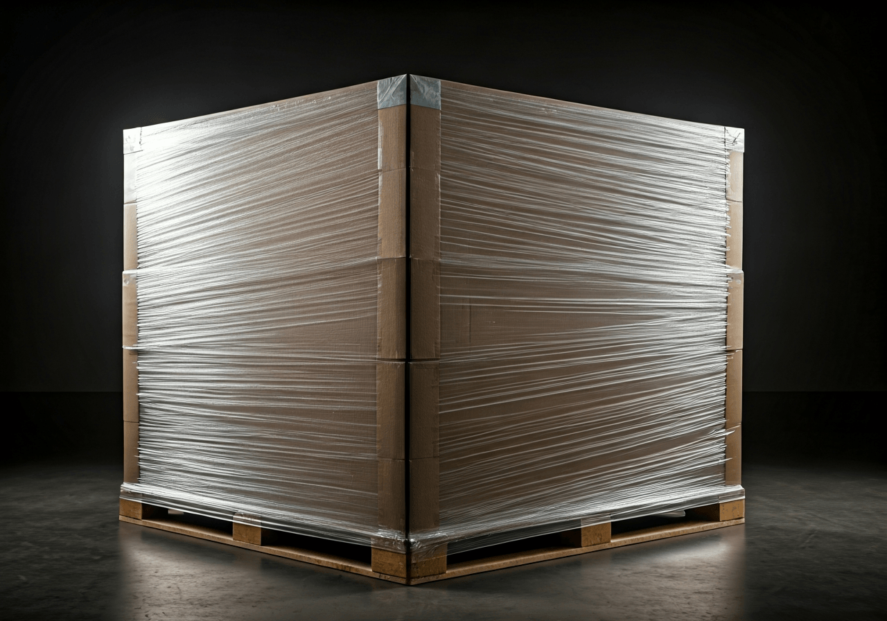 A professional industrial warehouse setting with a focus on a perfectly palletized heavy box, wrapped in transparent stretch foil with corner protectors, soft natural lighting, editorial style, shallow depth of field, 85mm lens, highly detailed, no text, no letters