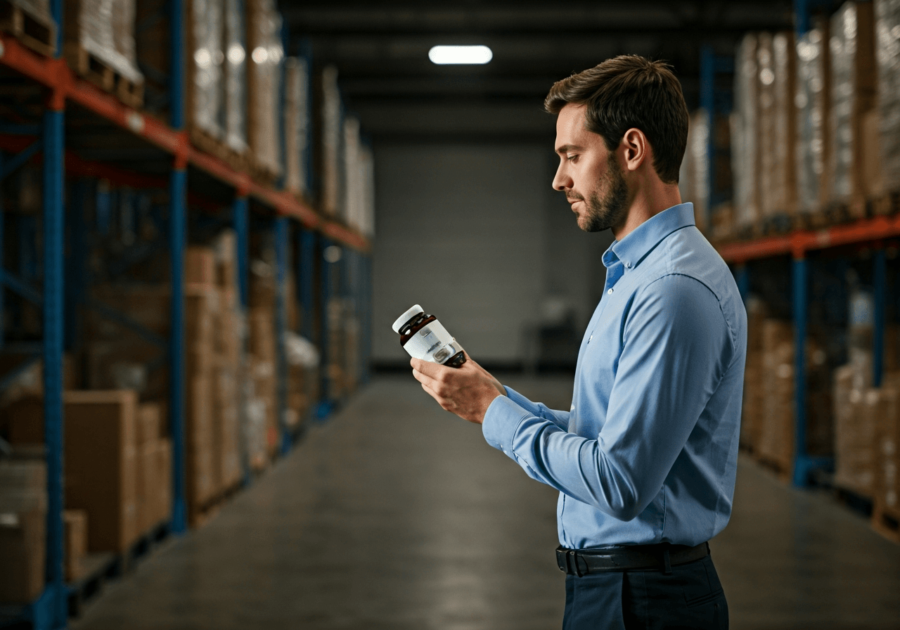 A professional logistics warehouse manager inspecting organic supplement bottles, sleek modern interior, clean aesthetic, soft natural light, depth of field 85mm, editorial photography, no text, no words