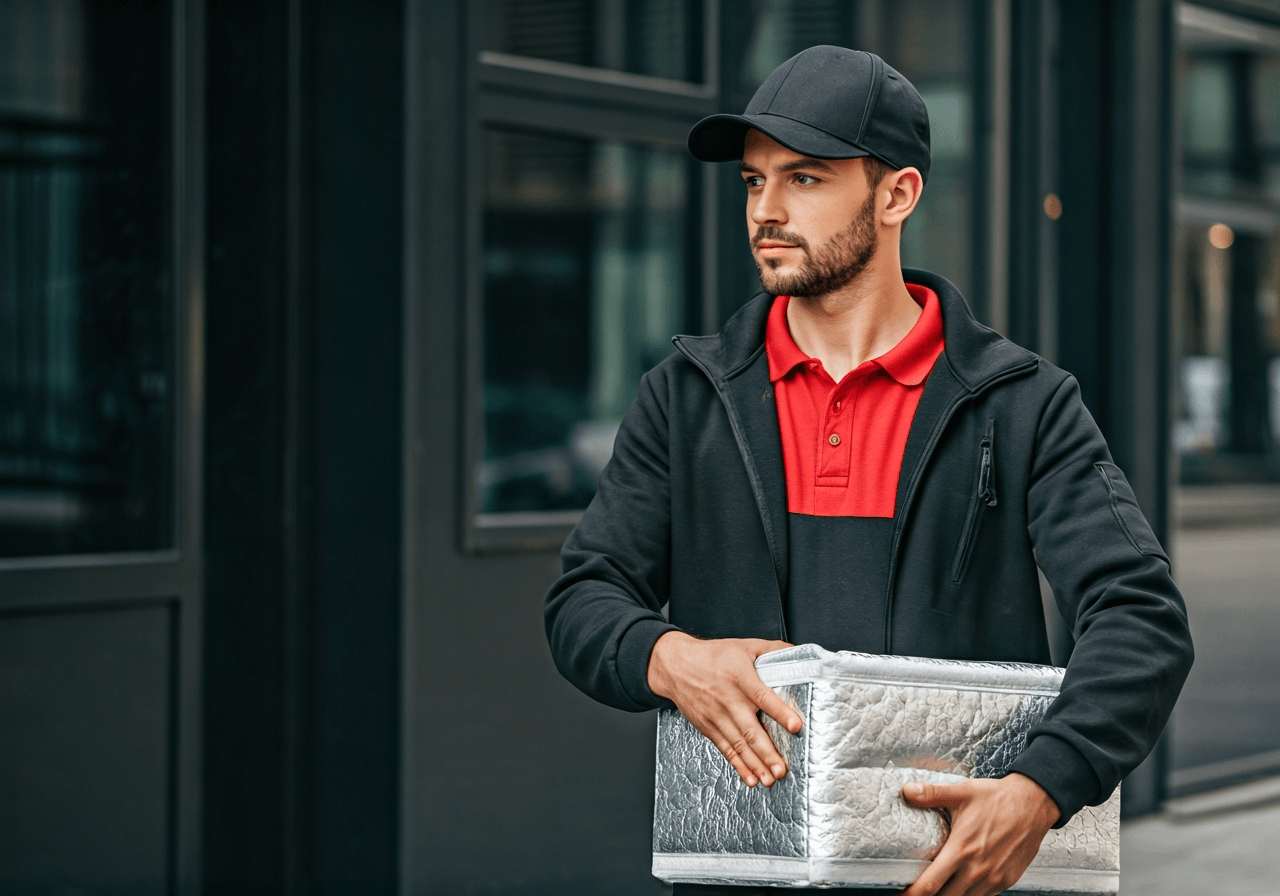 A professional delivery courier in uniform handling a temperature-controlled thermal package in a modern clean urban street setting, editorial photography, soft natural light, 85mm lens, high focus, minimalist style, no text, no words