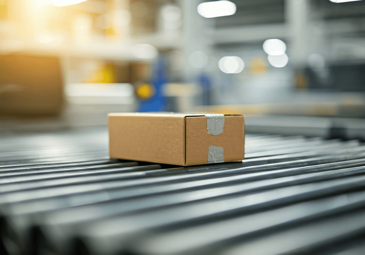Close-up professional photography of a modern German postal parcel sorting facility with blurred automated conveyor belts in the background, clean industrial aesthetic, soft natural light, 85mm lens, high focus on logistics precision, no text, no words, no letters