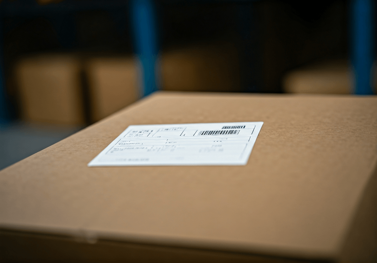 A close-up of a professional logistics warehouse label being applied to a cardboard parcel, sharp focus on the address format, modern clean industrial background, soft natural light, 85mm lens, high quality, no text, no words, no letters.