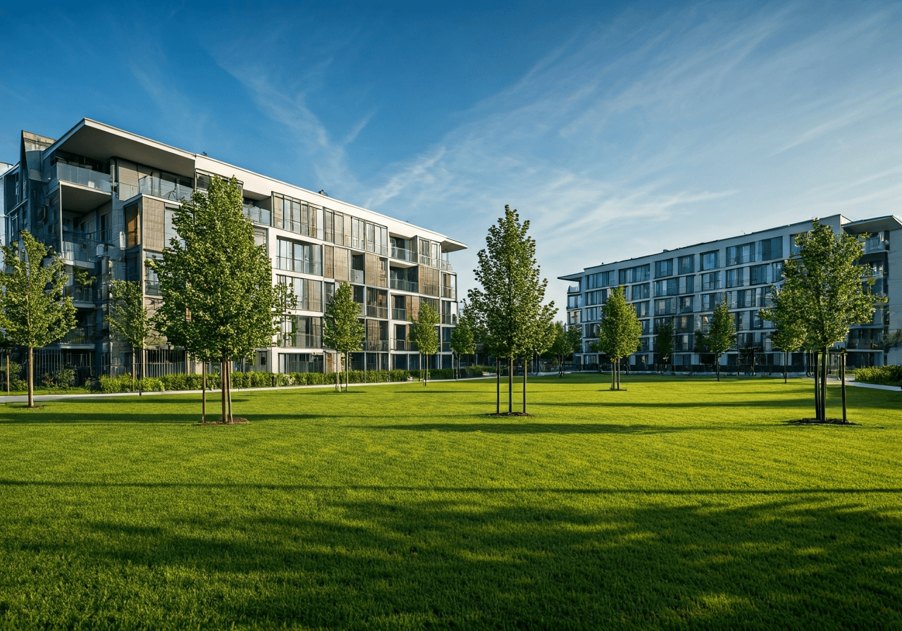 A panoramic view of the Lesná housing estate in Northern Brno, surrounded by lush greenery and modern architectural details, high-end editorial style, cinematic soft natural daylight, 85mm lens, no text, no words, no letters.