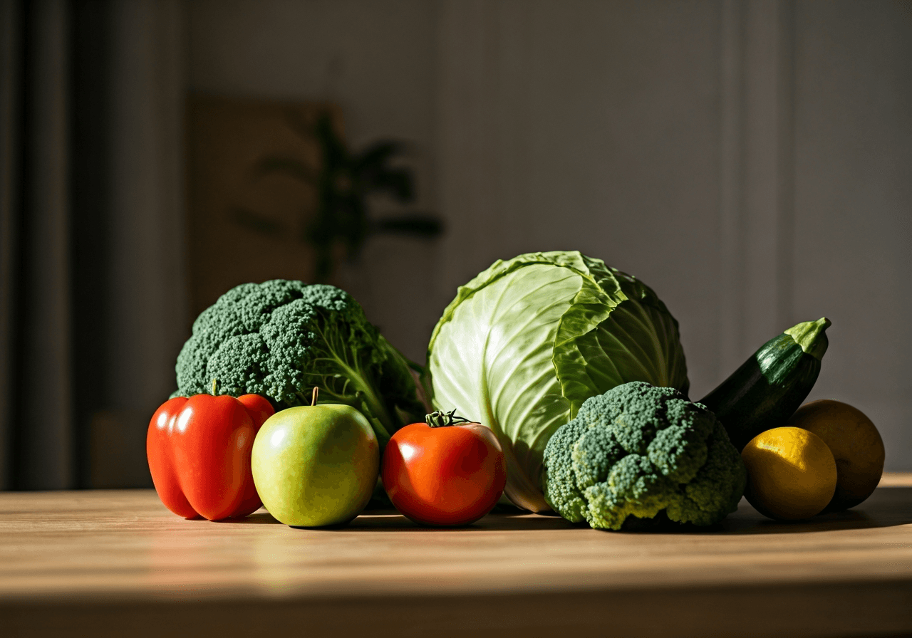 Editorial photography, an assortment of fresh seasonal vegetables and fruits placed on a wooden table in a sunlit modern apartment, soft natural light, depth of field, 85mm lens, high quality, no text, no letters