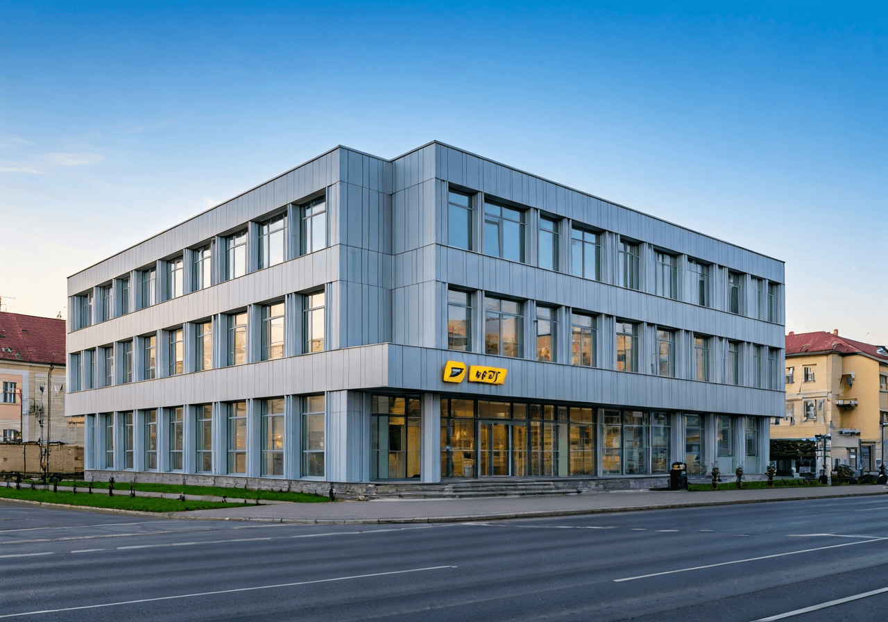 Exterior view of a modern Czech post office building located in Litovel, Vitezna street, clear signage, urban environment, architectural photography, soft natural light, 85mm lens, high resolution, no text, no words, no letters