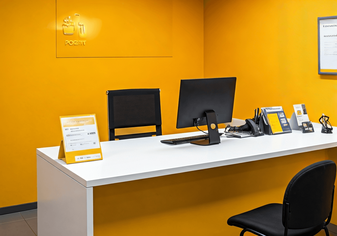 A professional, clean, and modern desk inside a postal office in Litovel with a Czech POINT signage, minimalist interior design, professional editorial photography, soft natural light, 85mm lens, highly detailed, no text, no words, no letters