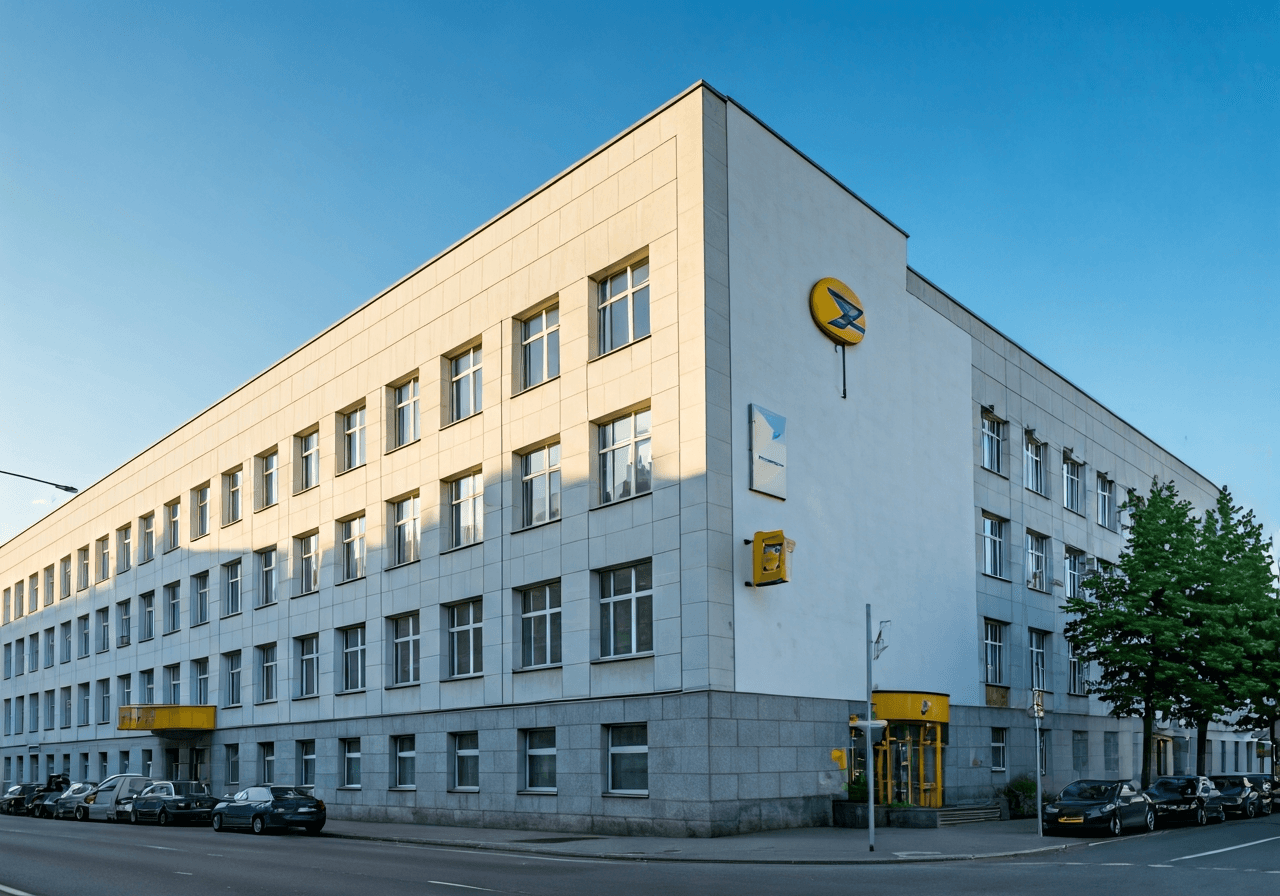 Pošta Pacov: Jak zrychlit doručení (Krok za krokem) 1 A professional, modern exterior of a Czech post office building on a clear day, architectural focus on clean lines and signage, soft natural light, 85mm lens, high resolution, no text, no letters