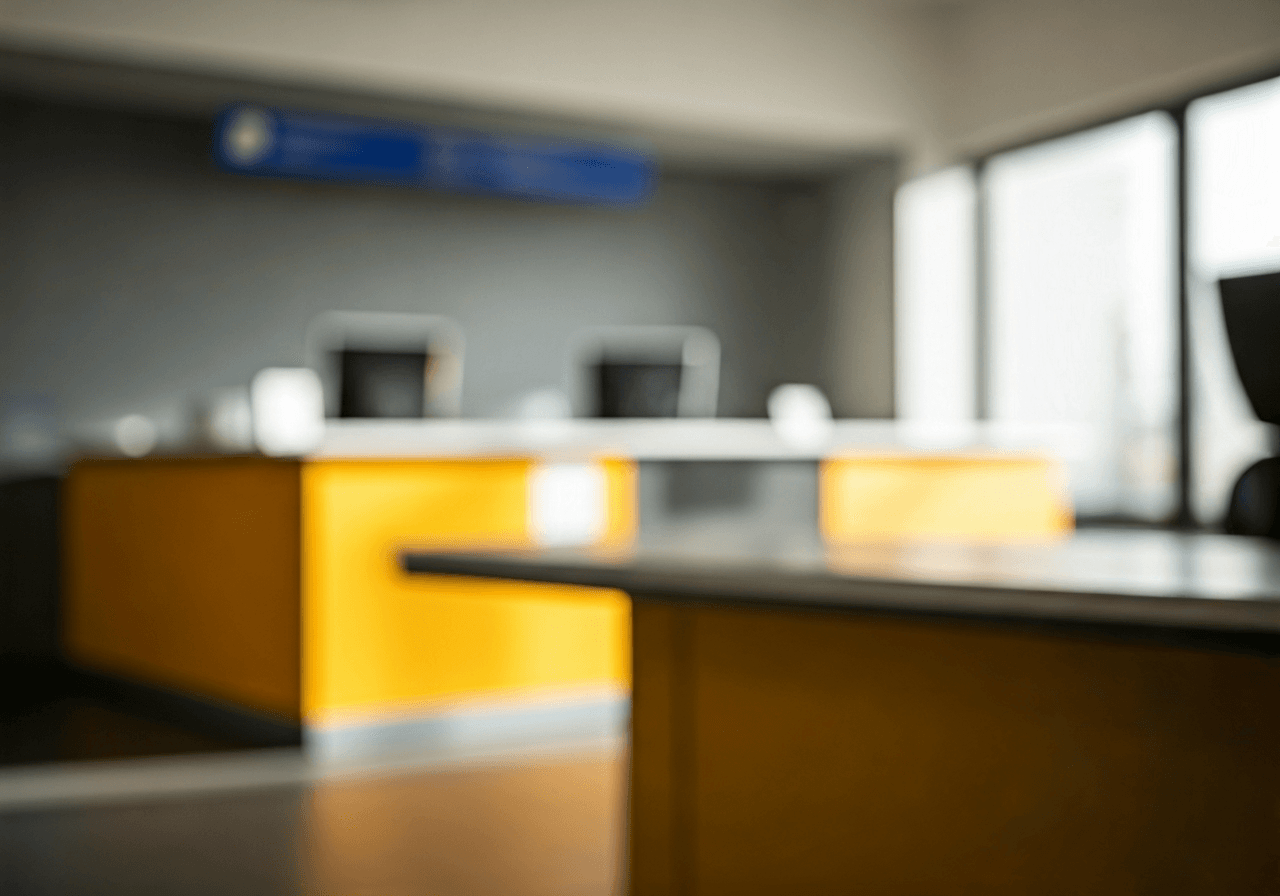 Pošta Pacov: Jak zrychlit doručení (Krok za krokem) 2 A modern, minimalist post office interior with blurred background, focusing on a clean counter service desk, soft natural light streaming through windows, editorial photography, 85mm lens, high quality, professional atmosphere, no text, no words, no letters.