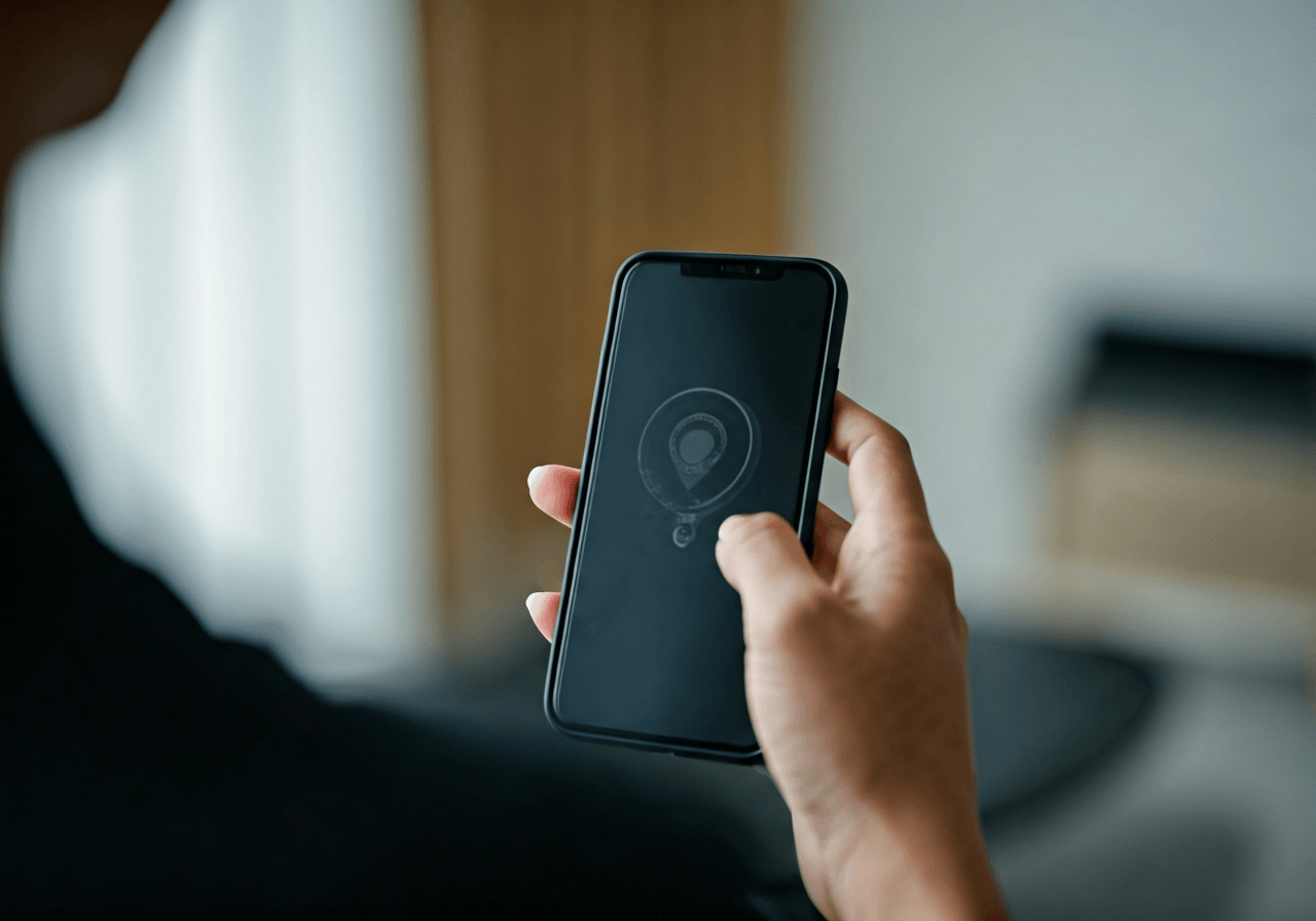 A professional person using a smartphone to track a package in a modern, bright, minimalist office space, soft natural light, editorial photography style, 85mm lens, high resolution, no text, no words, no letters
