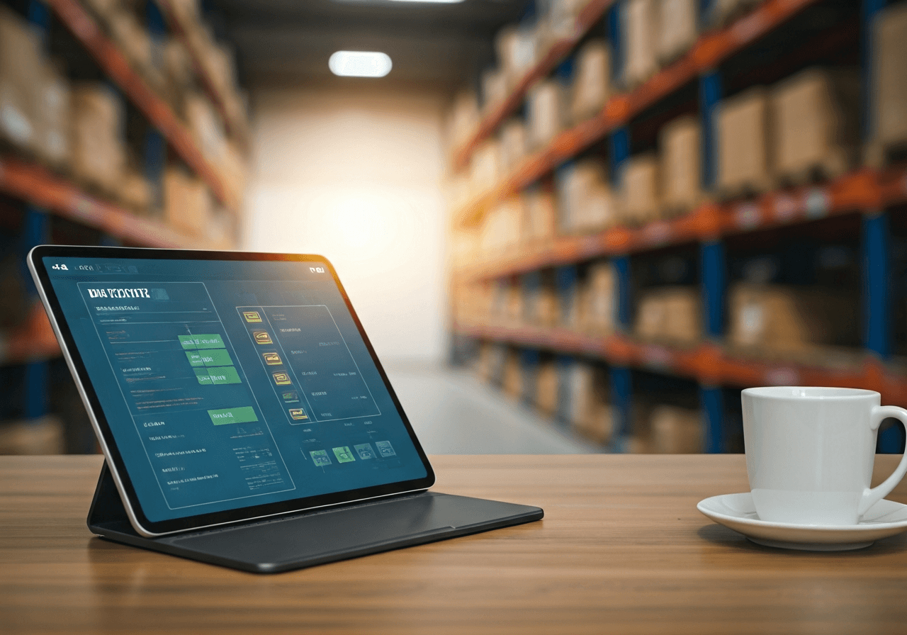 DHL Polska: Vyplatí se? Recenze a ceny 2026 2 A professional logistics workspace with a tablet showing a shipment tracking interface, blurred warehouse background, modern and clean, editorial photography, soft natural light, 85mm lens, highly detailed, no text, no letters