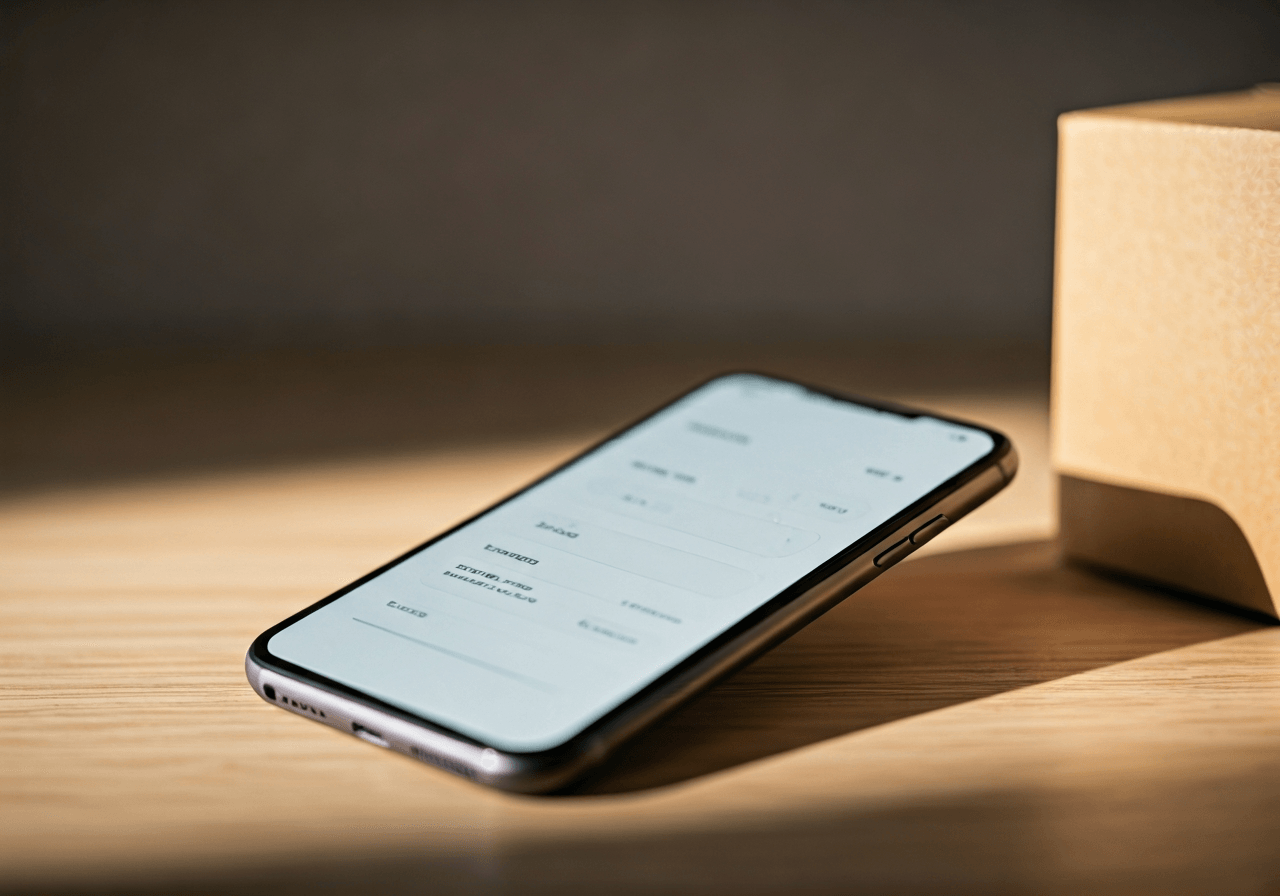 A close-up, high-quality editorial shot of a smartphone screen showing a parcel tracking interface, next to a modern cardboard delivery box on a clean wooden table, soft natural daylight, shallow depth of field, 85mm lens, minimalist aesthetic, no text, no letters