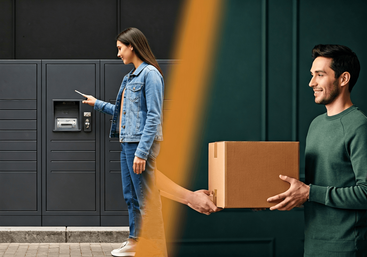 A split screen composition showing a person using a smartphone to unlock a modern outdoor Z-BOX locker on one side, and a person receiving a parcel from a friendly clerk at a cozy, professional pickup point on the other, modern clean aesthetic, editorial photography, soft natural light, 85mm lens, high resolution, no text, no letters.